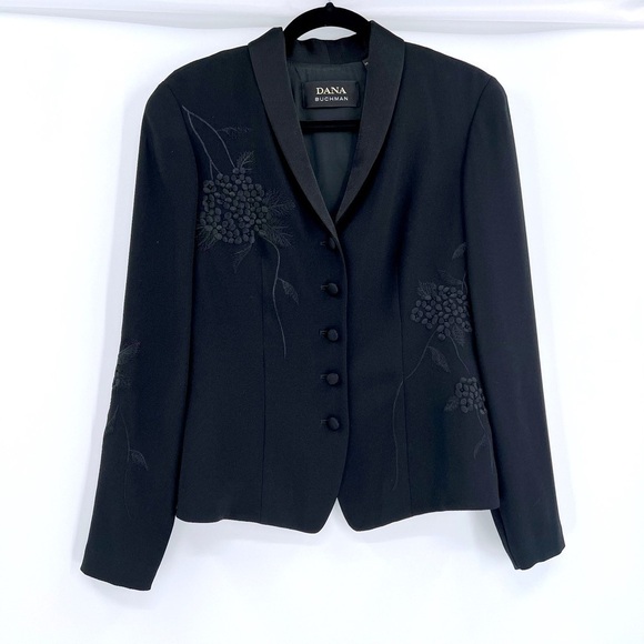 Dana Buchman Black Button Down Blazer Floral Embroidered Jacket Size 8 - Picture 5 of 8